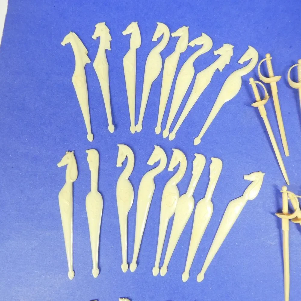 Lot 89 Cocktail Picks Ivory Plastic Forks Swords Horses Vintage Hong Kong MCM